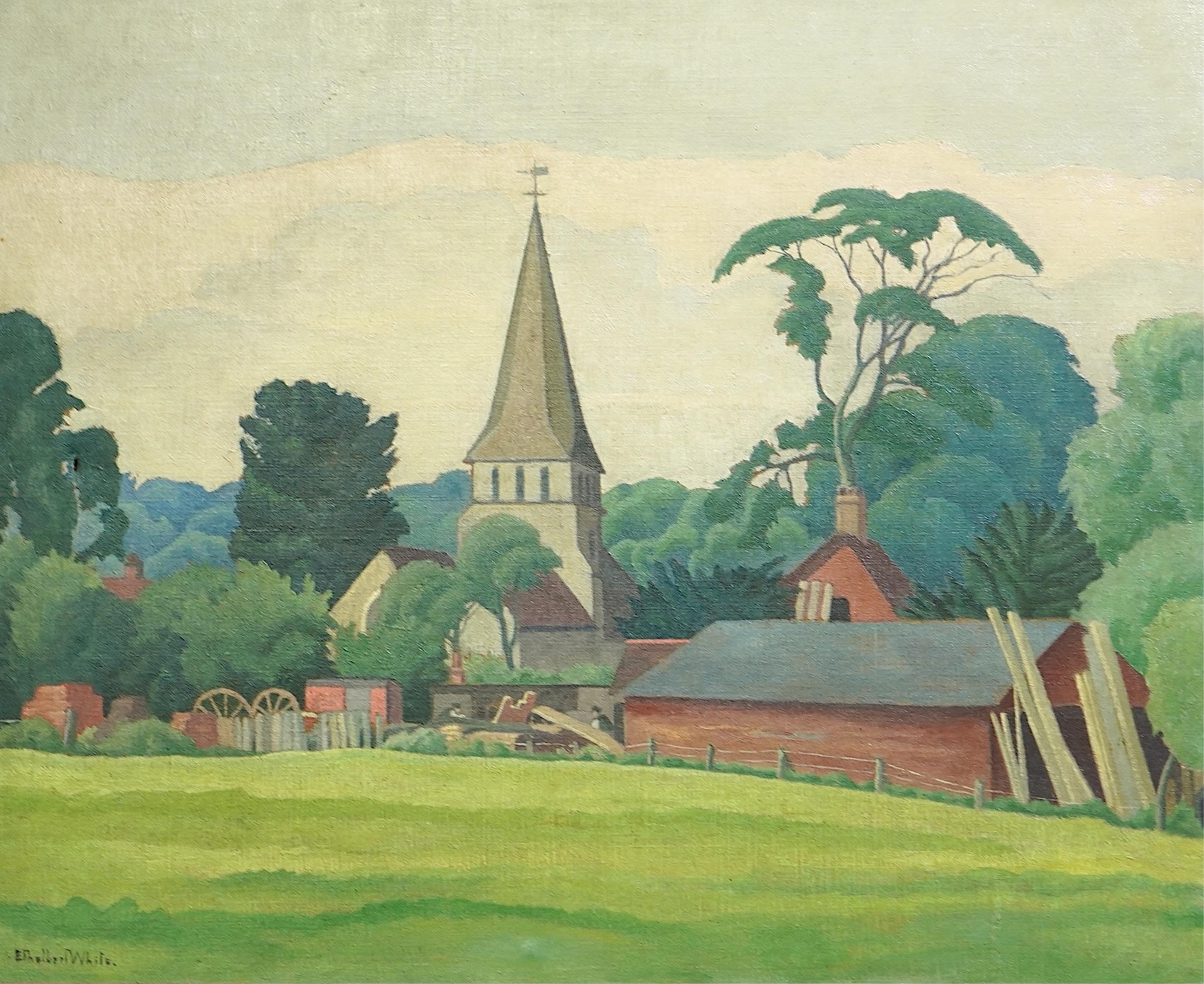 Ethelbert White (English, 1891-1972), English church from the green, oil on canvas, 50 x 60cm